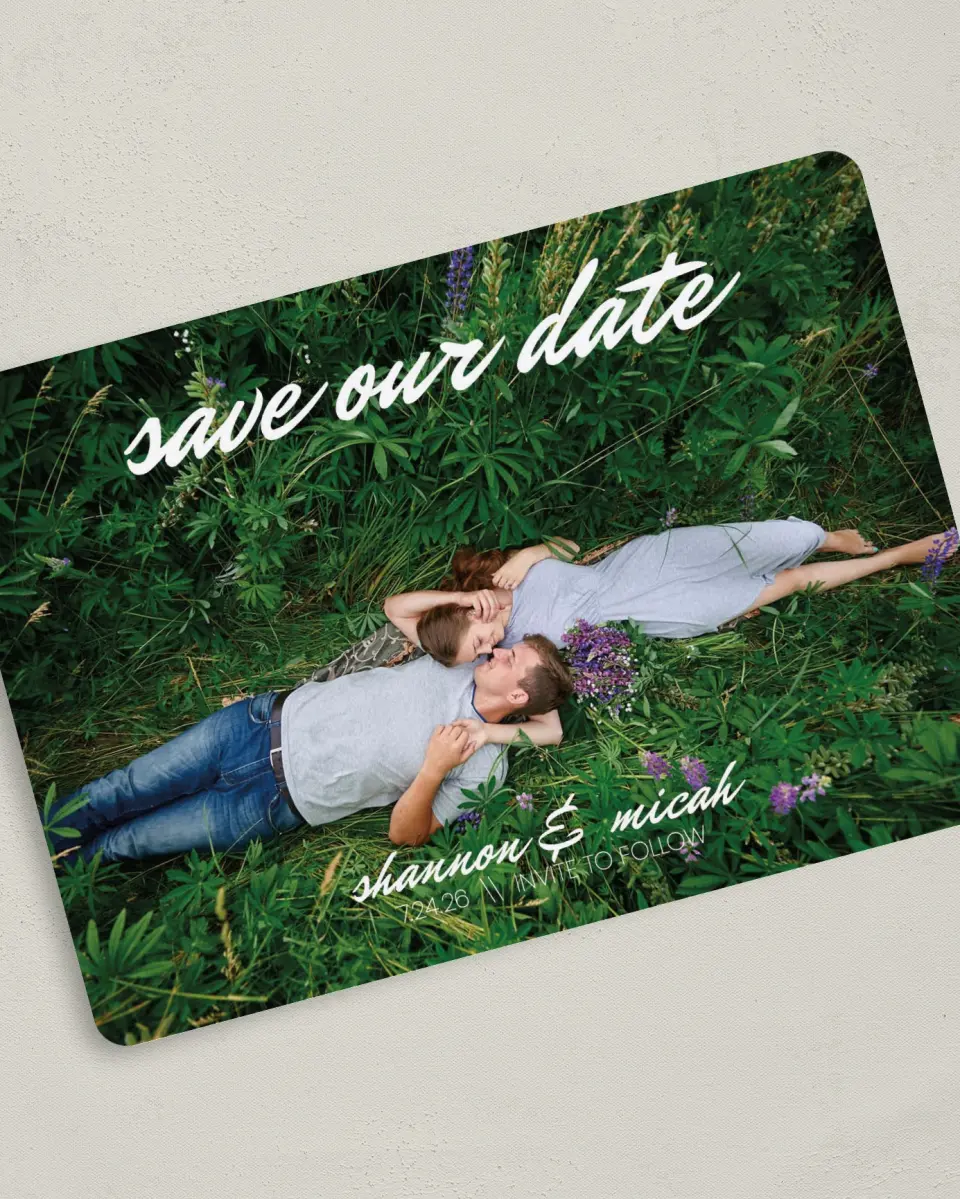 This is a 5" x 7" Save the Date Card called Brushed Devotion printed in full color on Premium Smooth paper