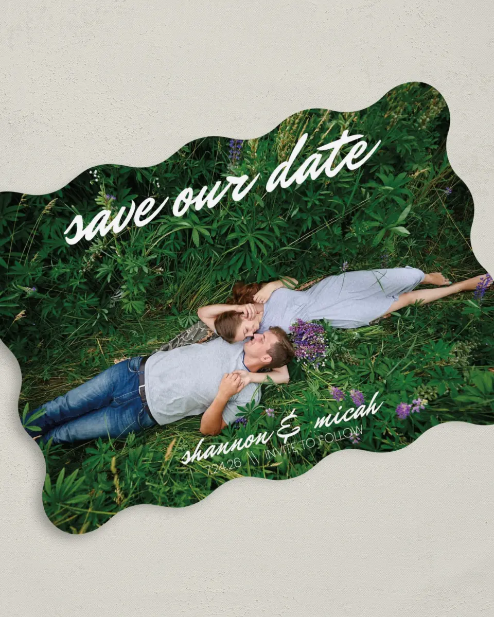 This is a 5" x 7" Save the Date Card called Brushed Devotion printed in full color on Premium Smooth paper