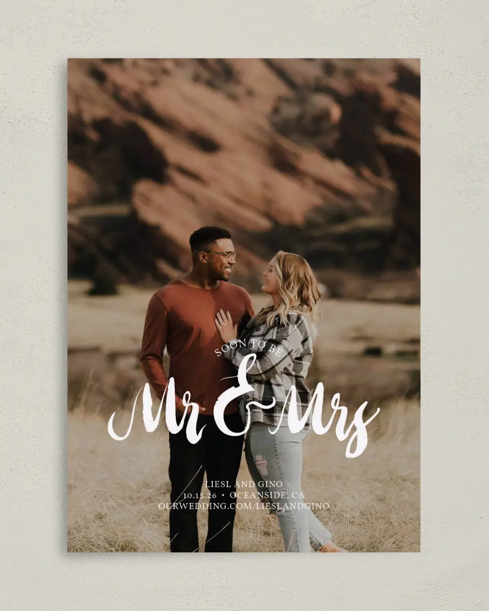 This is a 5" x 7" Save the Date Card called Soon to Be printed in full color on Premium Smooth paper