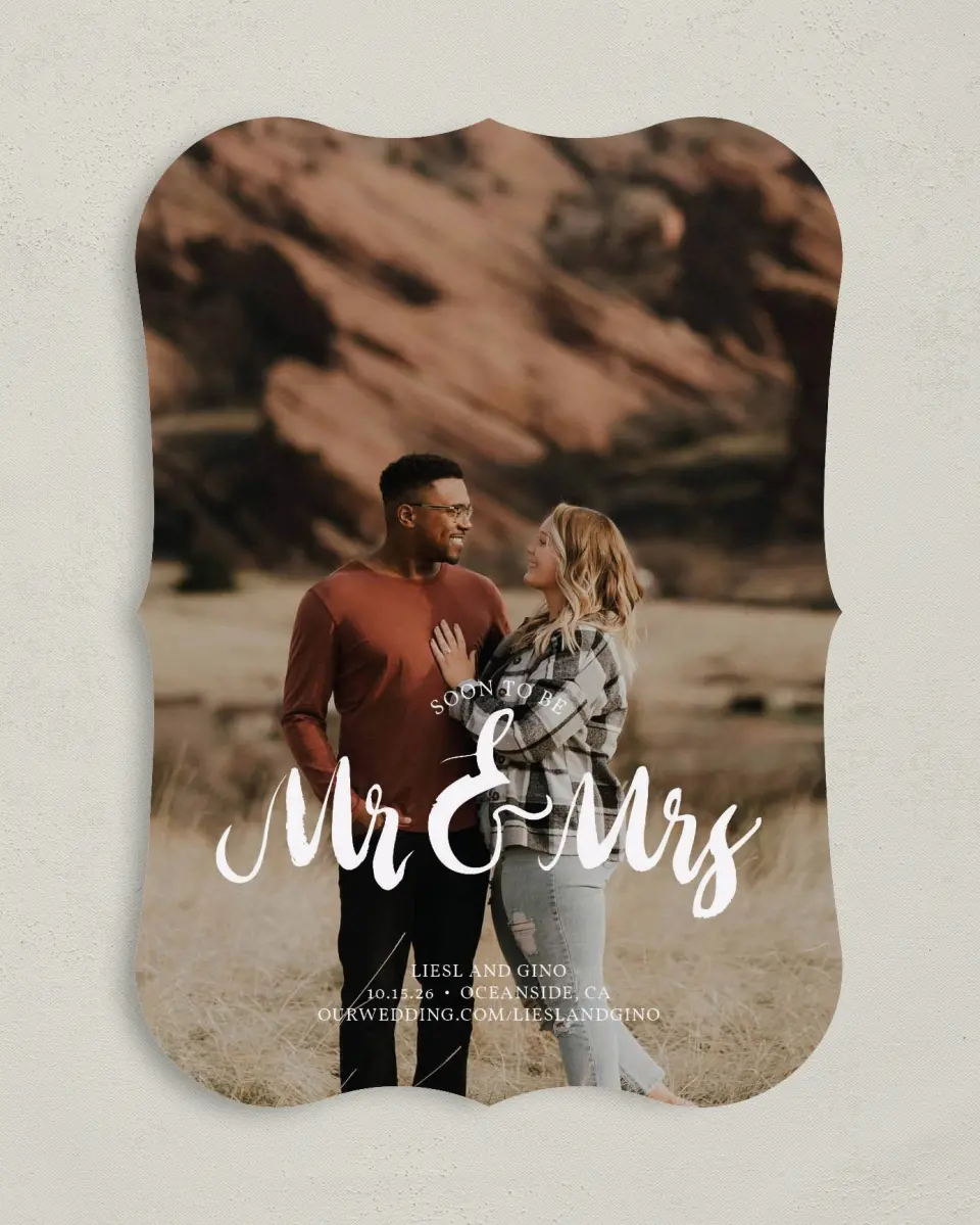 This is a 5" x 7" Save the Date Card called Soon to Be printed in full color on Premium Smooth paper