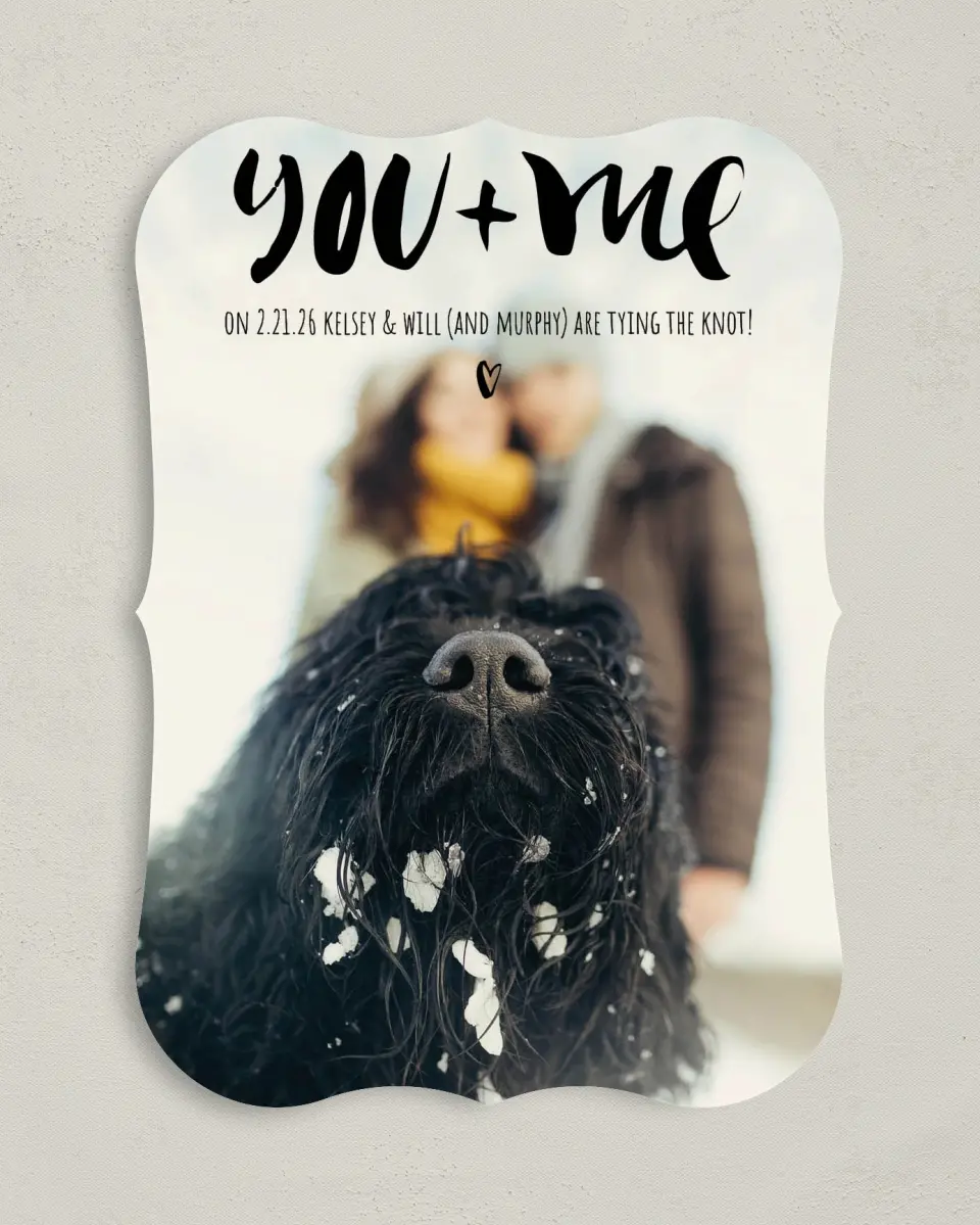 This is a 5" x 7" Save the Date Card called You + Me printed in full color on Premium Smooth paper
