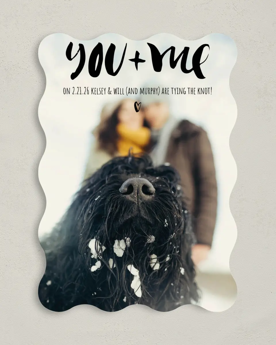 This is a 5" x 7" Save the Date Card called You + Me printed in full color on Premium Smooth paper