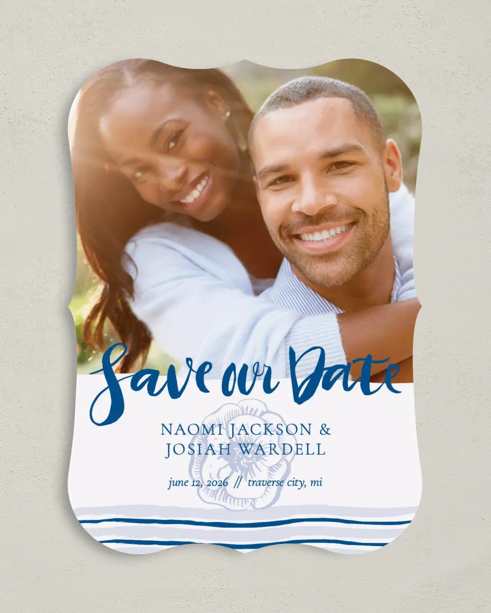 This is a 5" x 7" Save the Date Card called Everlasting Bloom printed in full color on Premium Smooth paper