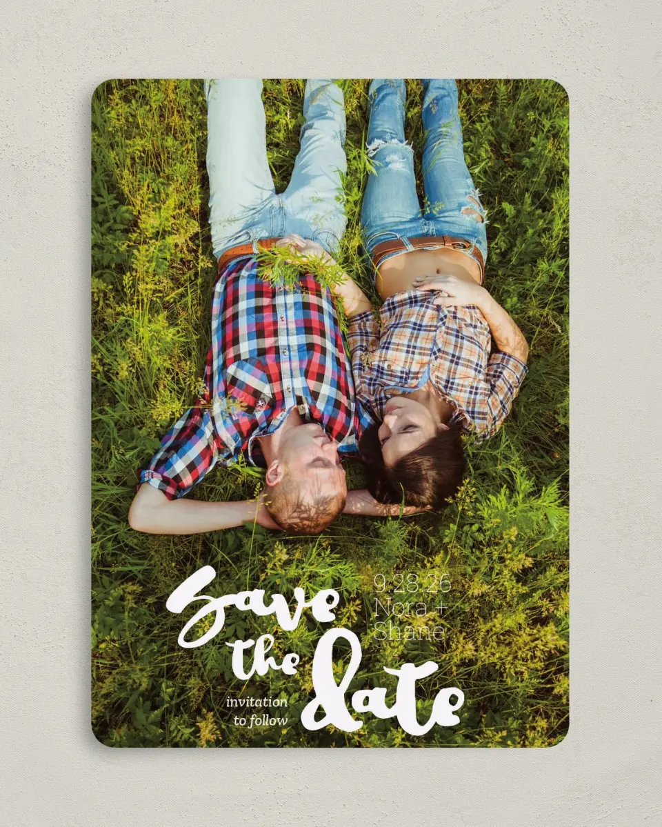 This is a 5" x 7" Save the Date Card called Blissfully Hitched printed in full color on Premium Smooth paper