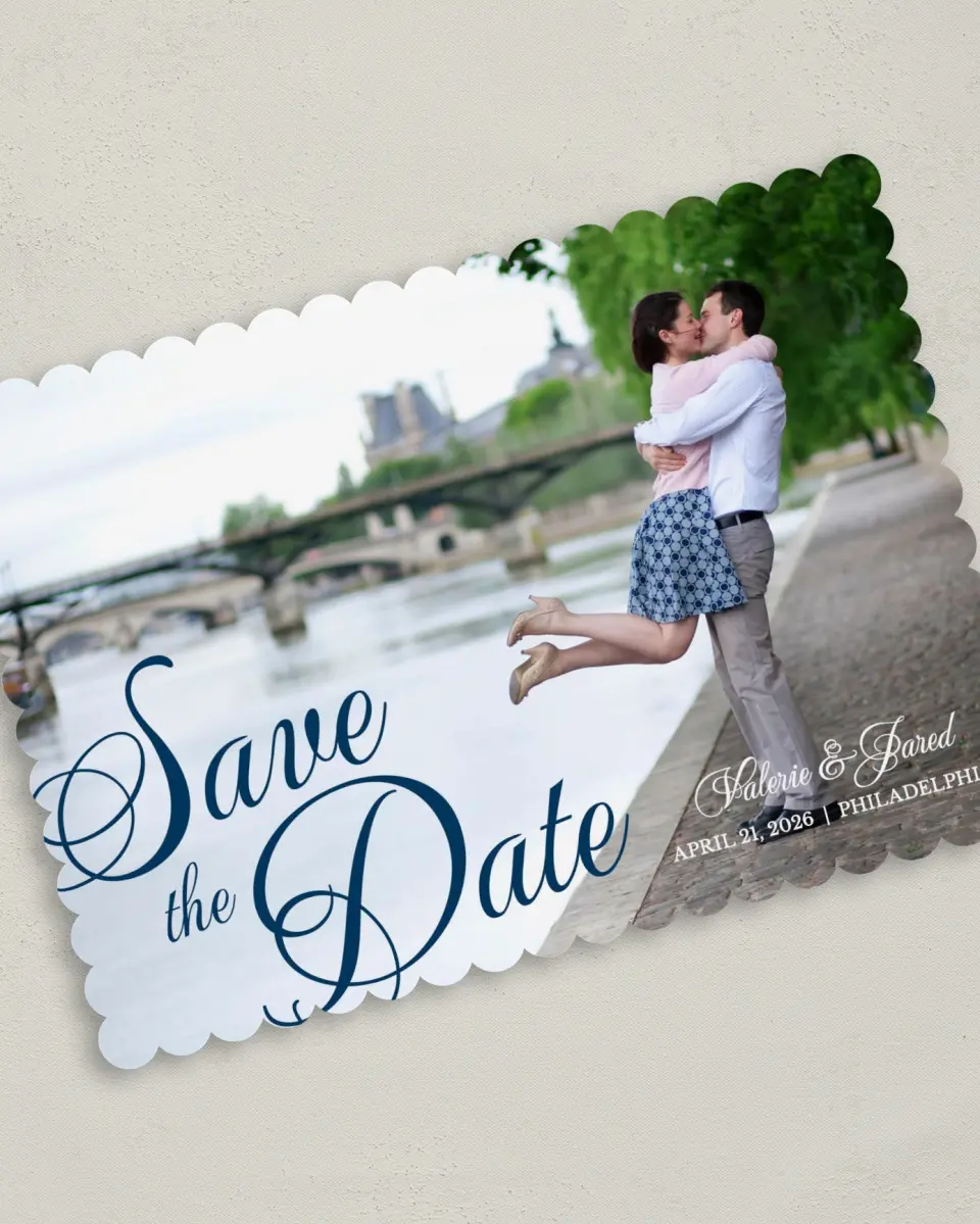 This is a 5" x 7" Save the Date Card called Fairytale Script printed in full color on Premium Smooth paper