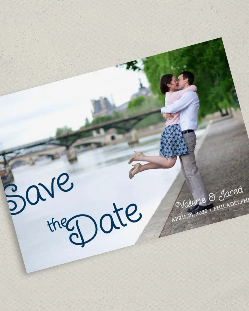 This is a 5" x 7" Save the Date Card called Fairytale Script printed in full color on Premium Smooth paper