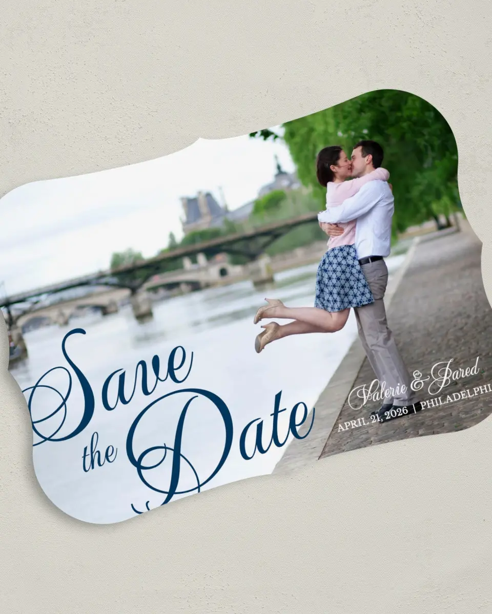 This is a 5" x 7" Save the Date Card called Fairytale Script printed in full color on Premium Smooth paper