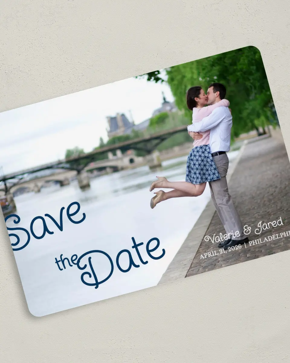This is a 5" x 7" Save the Date Card called Fairytale Script printed in full color on Premium Smooth paper