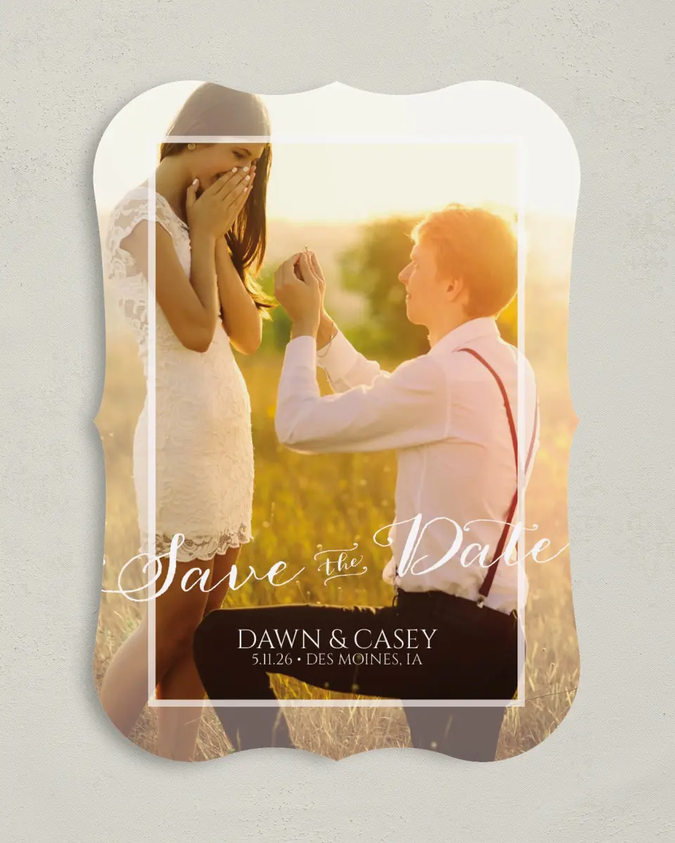 This is a 5" x 7" Save the Date Card called Heartfelt Frame printed in full color on Premium Smooth paper