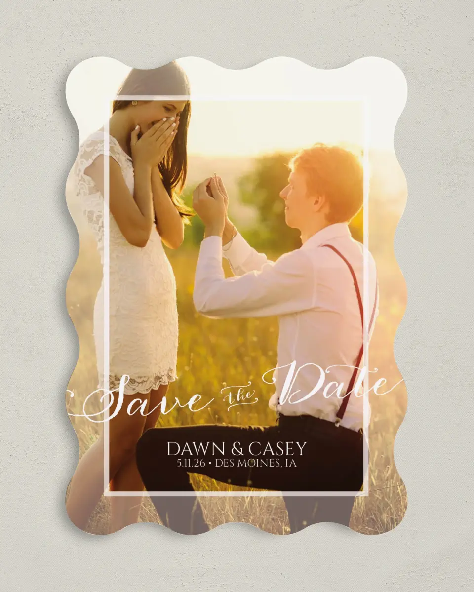 This is a 5" x 7" Save the Date Card called Heartfelt Frame printed in full color on Premium Smooth paper