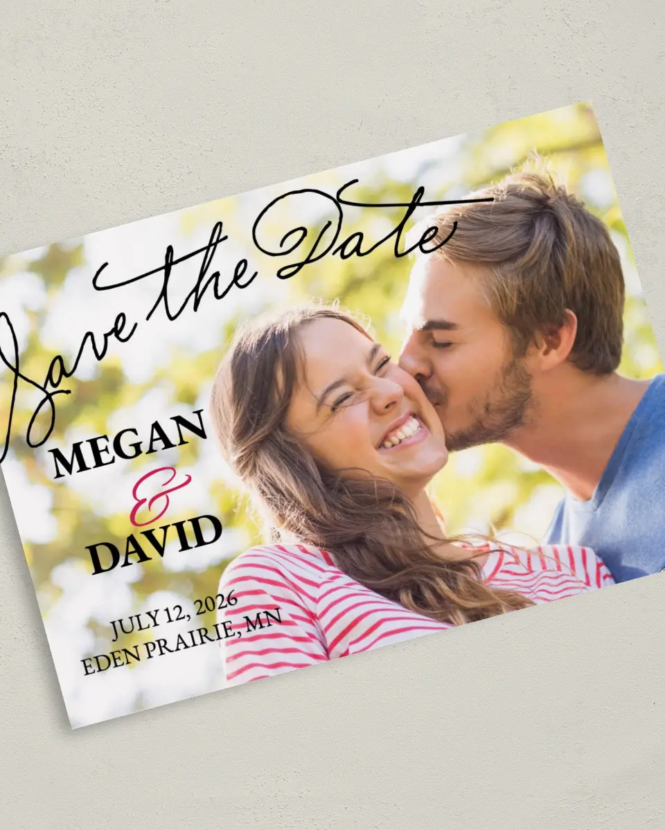 This is a 5" x 7" Save the Date Card called Stylish Script printed in full color on Premium Smooth paper