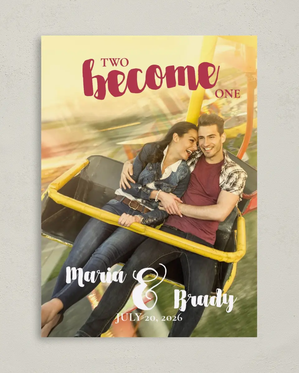 This is a 5" x 7" Save the Date Card called Two Become One printed in full color on Premium Smooth paper