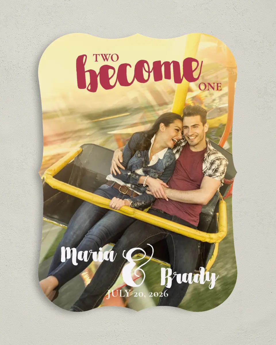 This is a 5" x 7" Save the Date Card called Two Become One printed in full color on Premium Smooth paper