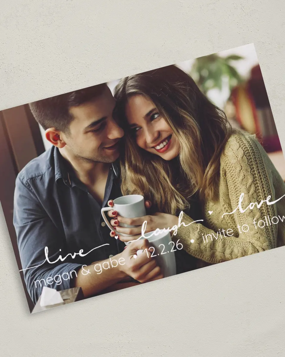This is a 5" x 7" Save the Date Card called Love Much printed in full color on Premium Smooth paper