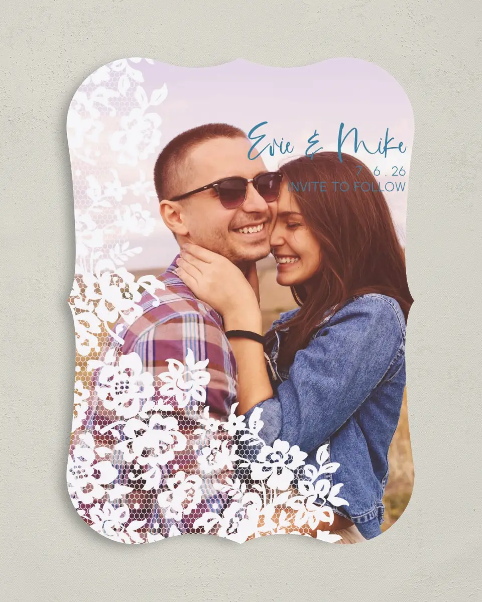 This is a 5" x 7" Save the Date Card called Modern Lace printed in full color on Premium Smooth paper