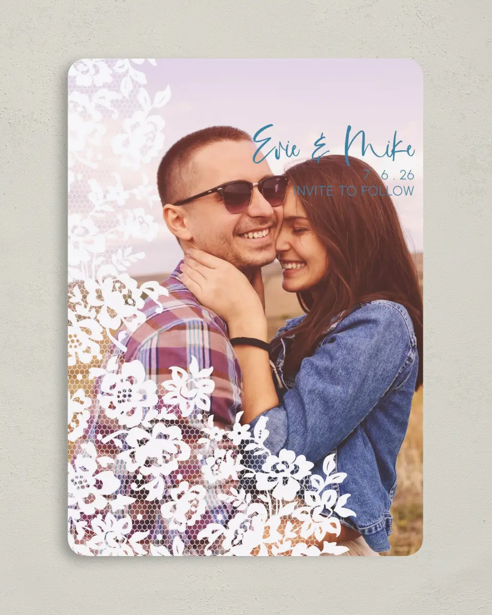 This is a 5" x 7" Save the Date Card called Modern Lace printed in full color on Premium Smooth paper