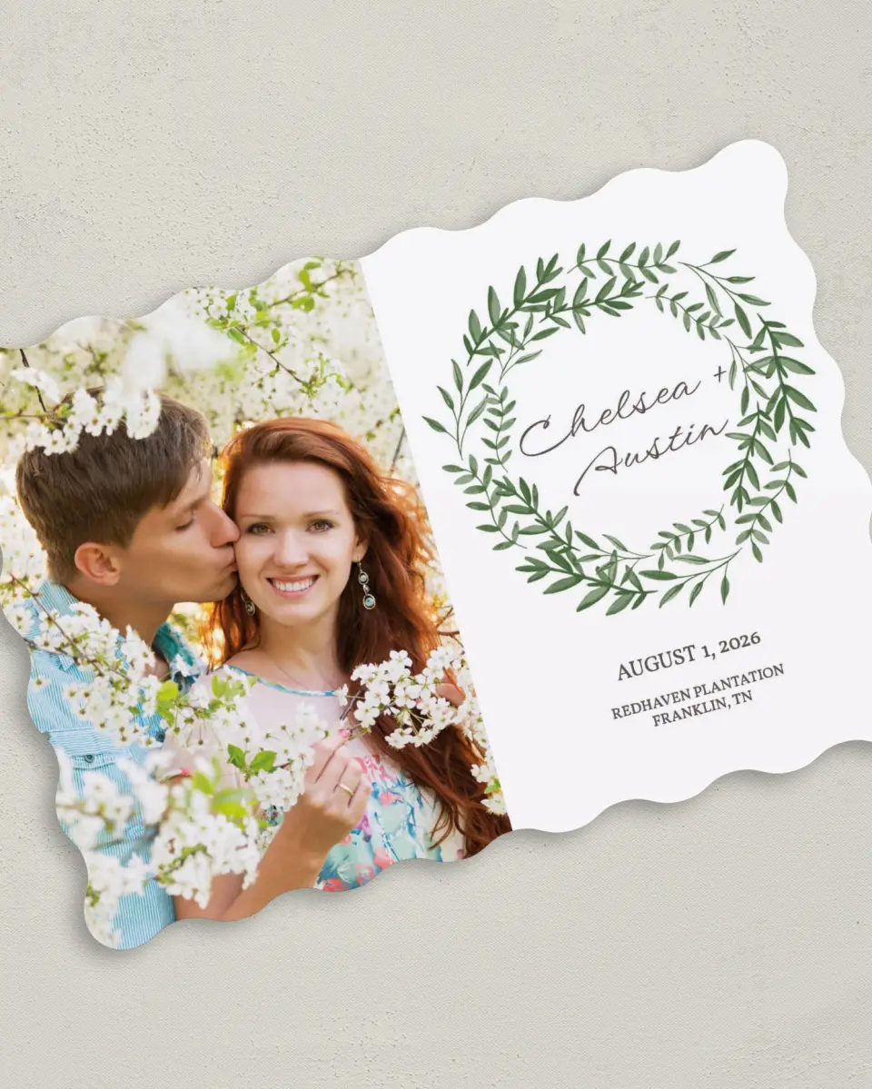 This is a 5" x 7" Save the Date Card called Watercolor Laurel printed in full color on Premium Smooth paper