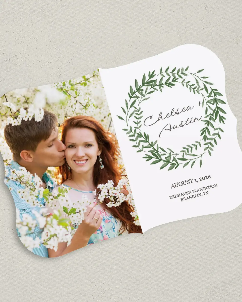 This is a 5" x 7" Save the Date Card called Watercolor Laurel printed in full color on Premium Smooth paper