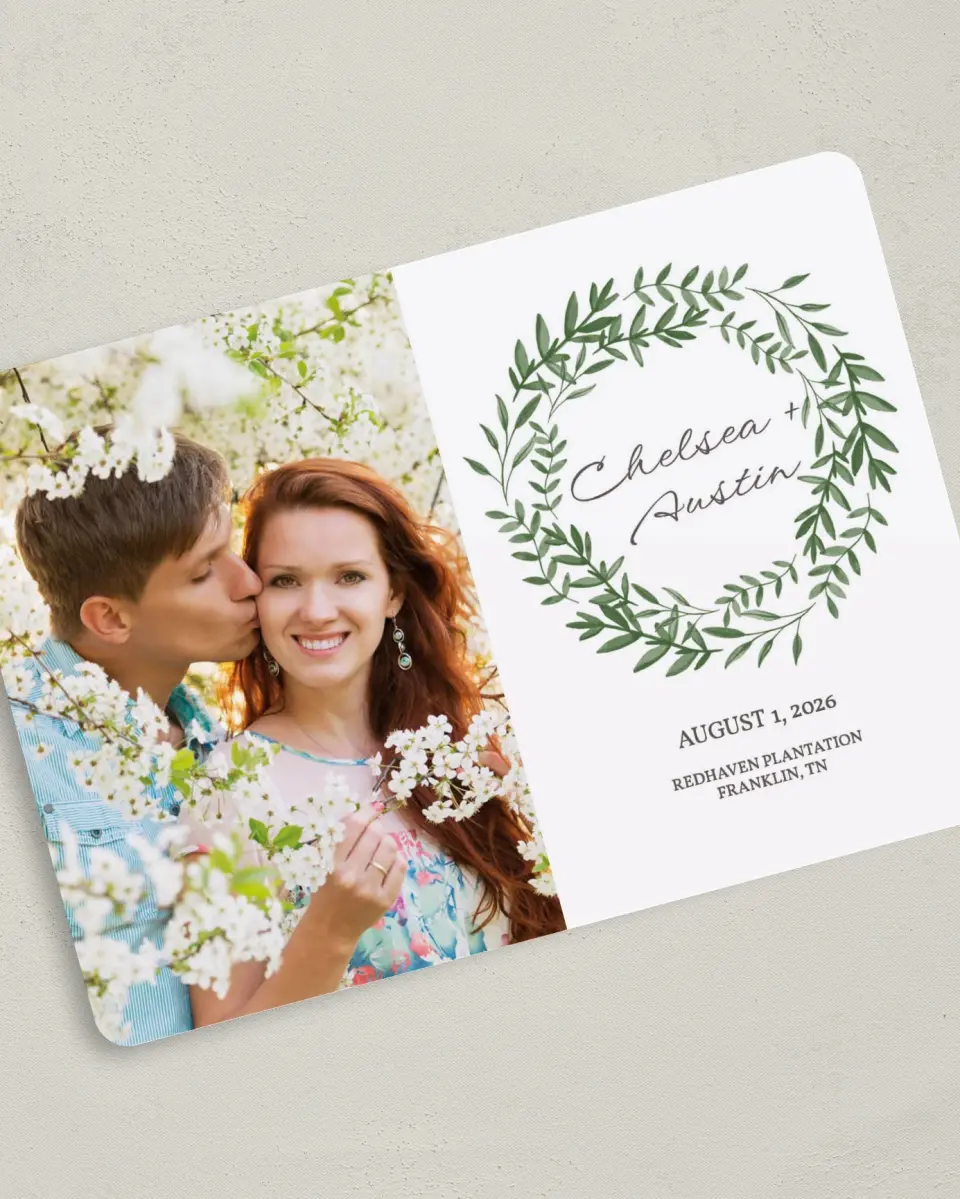 This is a 5" x 7" Save the Date Card called Watercolor Laurel printed in full color on Premium Smooth paper