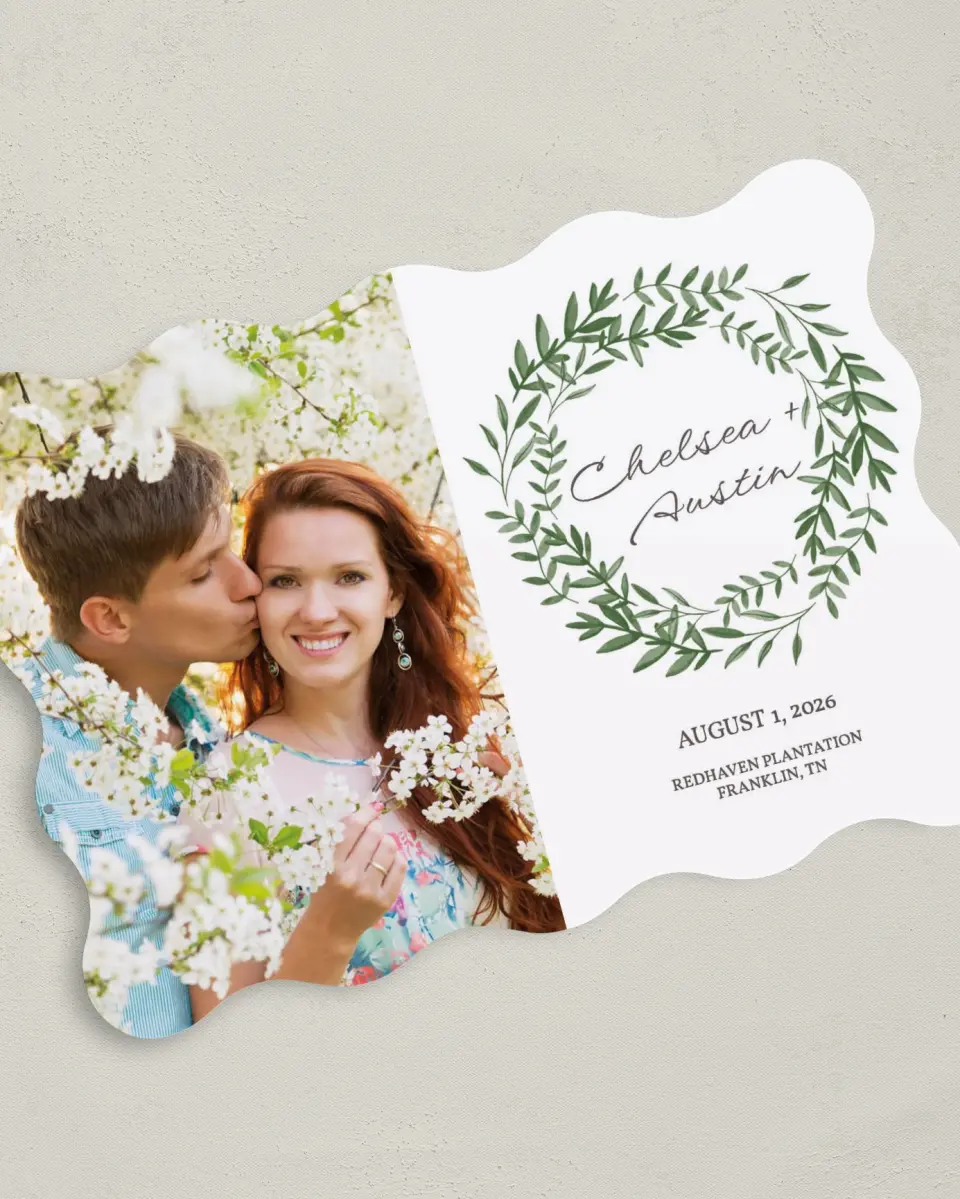 This is a 5" x 7" Save the Date Card called Watercolor Laurel printed in full color on Premium Smooth paper