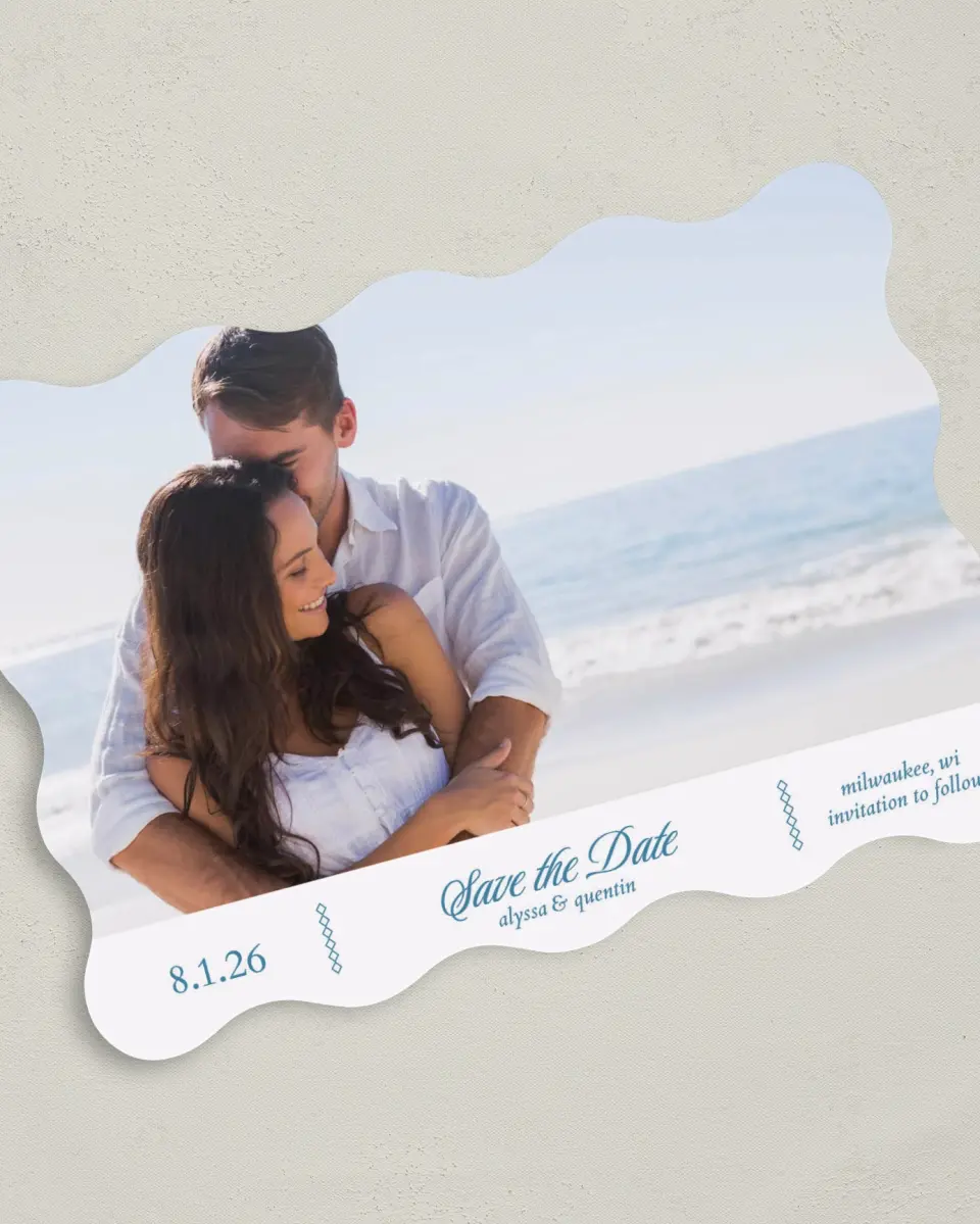 This is a 5" x 7" Save the Date Card called Opulence printed in full color on Premium Smooth paper