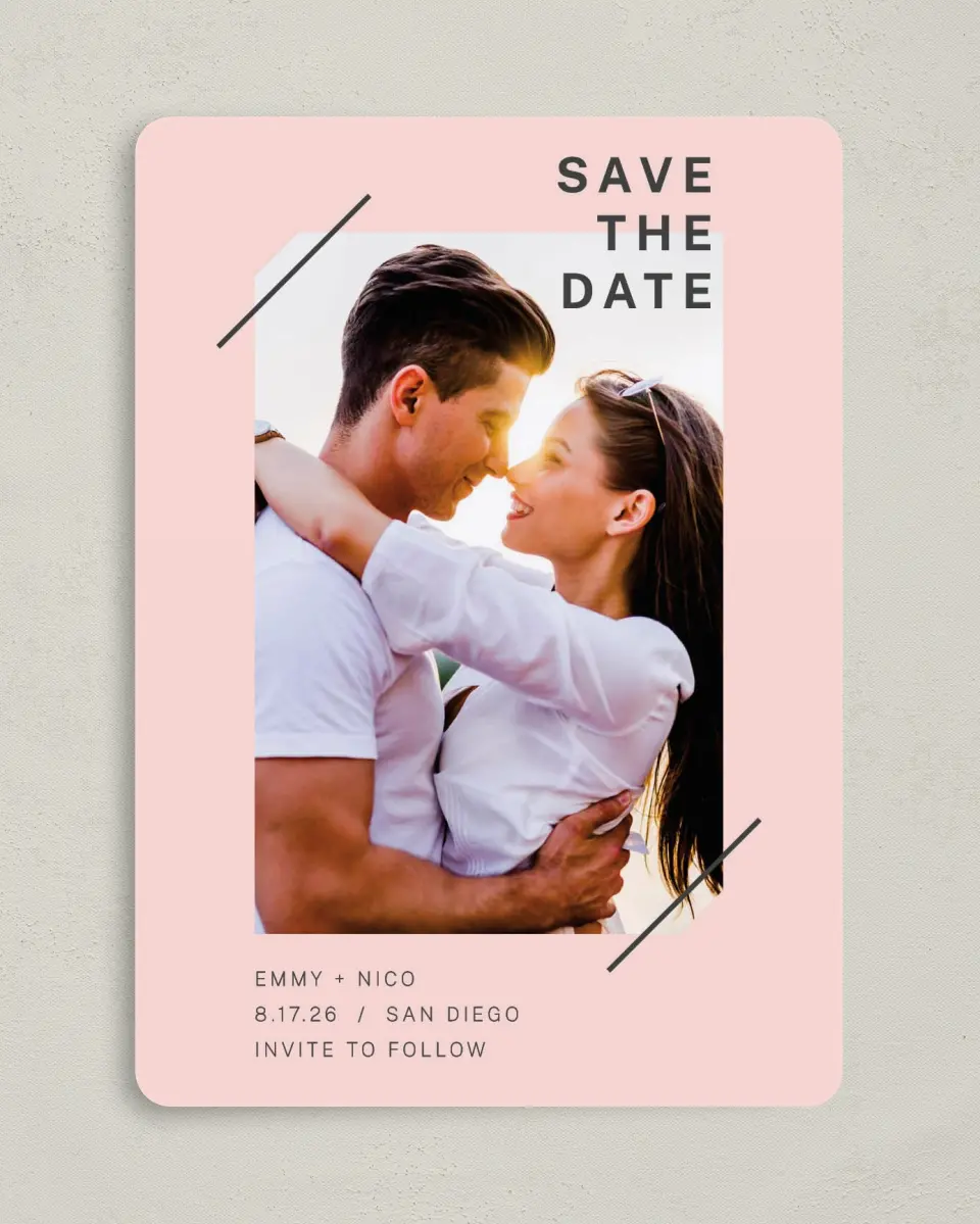 This is a 5" x 7" Save the Date Card called Minimal Mod printed in full color on Premium Smooth paper