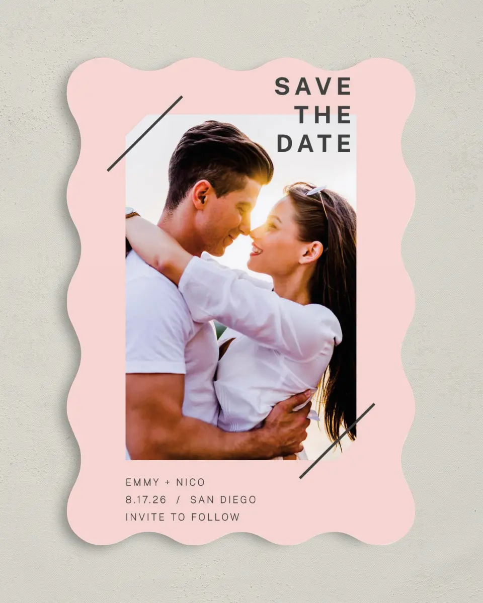 This is a 5" x 7" Save the Date Card called Minimal Mod printed in full color on Premium Smooth paper