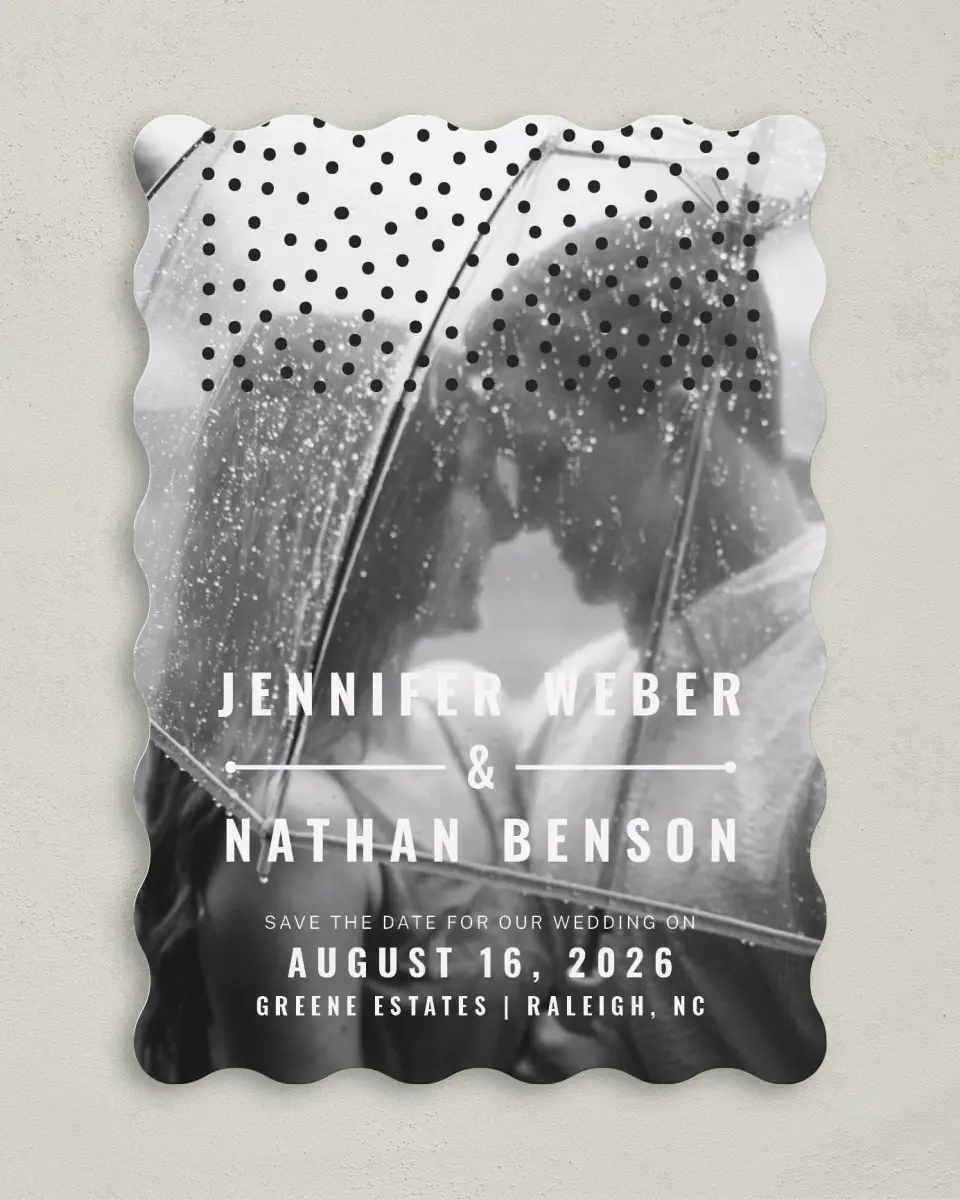This is a 5" x 7" Save the Date Card called Pop of Dots printed in full color on Premium Smooth paper