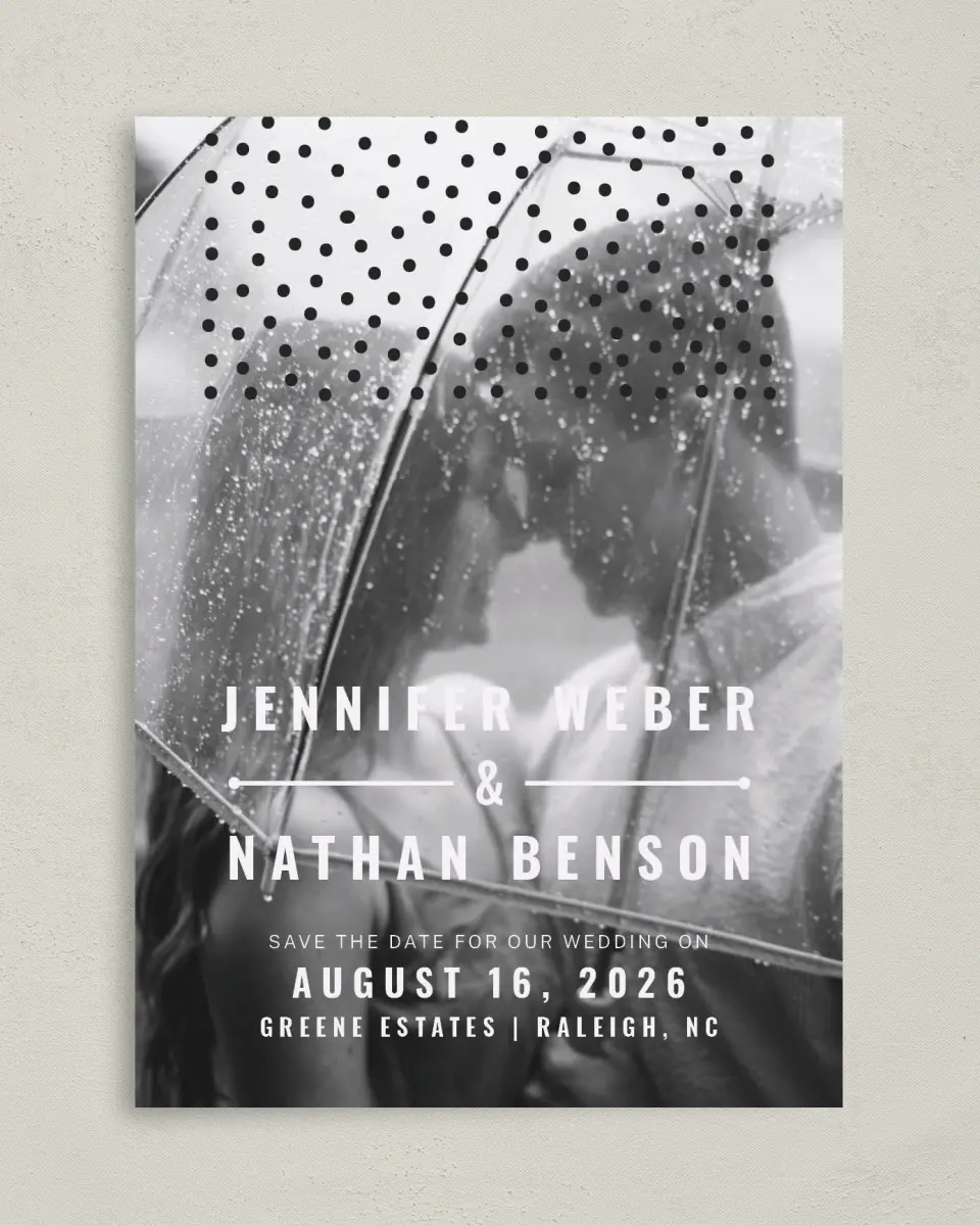 This is a 5" x 7" Save the Date Card called Pop of Dots printed in full color on Premium Smooth paper