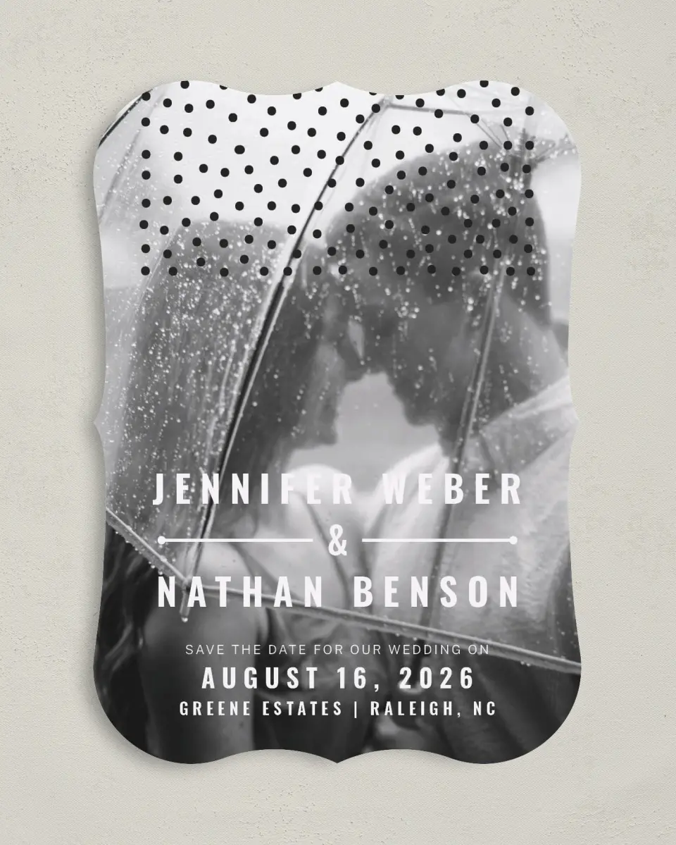 This is a 5" x 7" Save the Date Card called Pop of Dots printed in full color on Premium Smooth paper