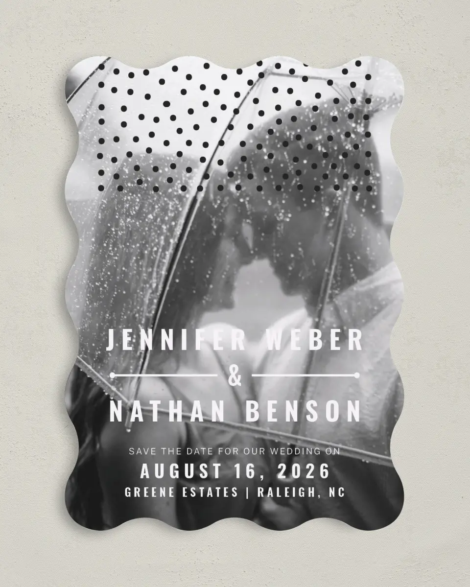 This is a 5" x 7" Save the Date Card called Pop of Dots printed in full color on Premium Smooth paper