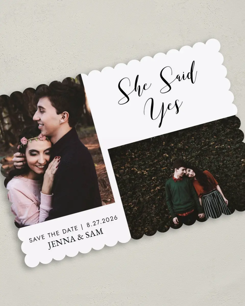 This is a 5" x 7" Save the Date Card called Love's Whisper printed in full color with Silver foil on Luxe Satin (coated) paper