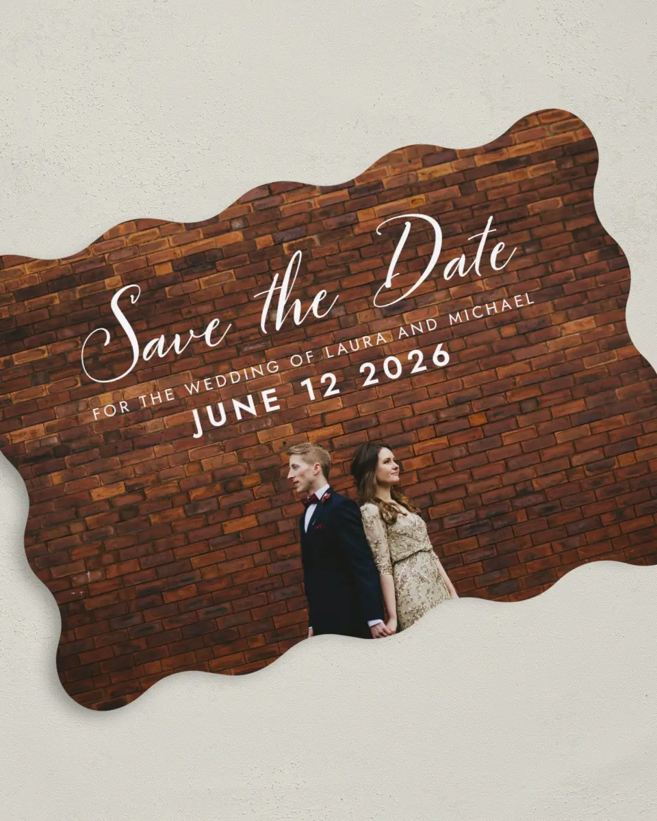 This is a 5" x 7" Save the Date Card called Waiting for You printed in full color with Silver foil on Luxe Satin (coated) paper
