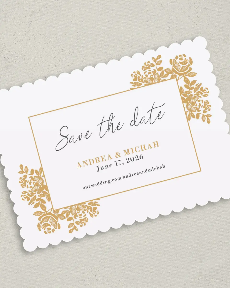 This is a 5" x 7" Save the Date Card called Etched Elegance printed in full color on Premium Smooth paper