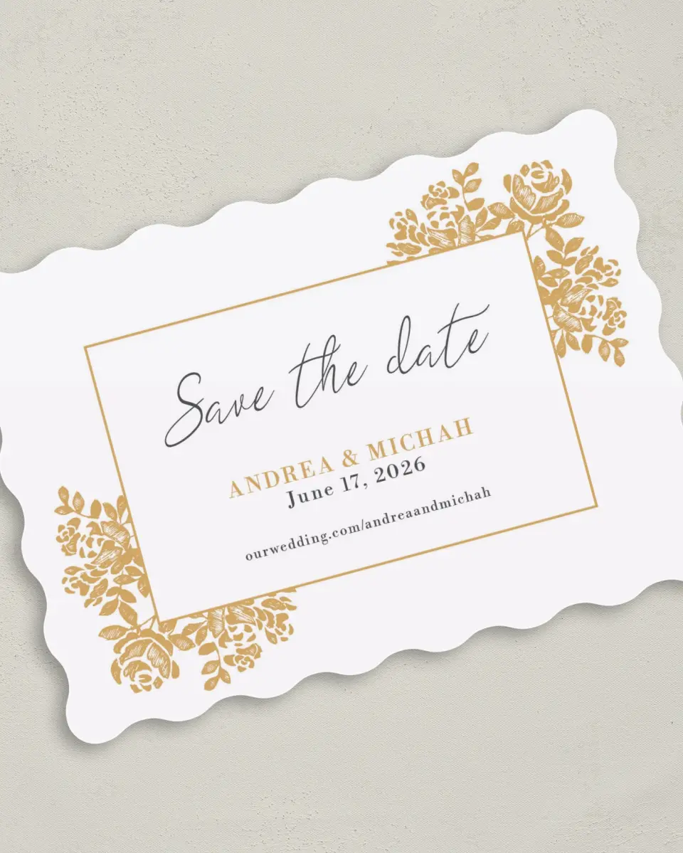 This is a 5" x 7" Save the Date Card called Etched Elegance printed in full color on Premium Smooth paper