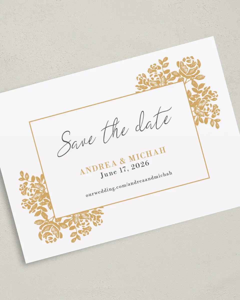 This is a 5" x 7" Save the Date Card called Etched Elegance printed in full color on Premium Smooth paper