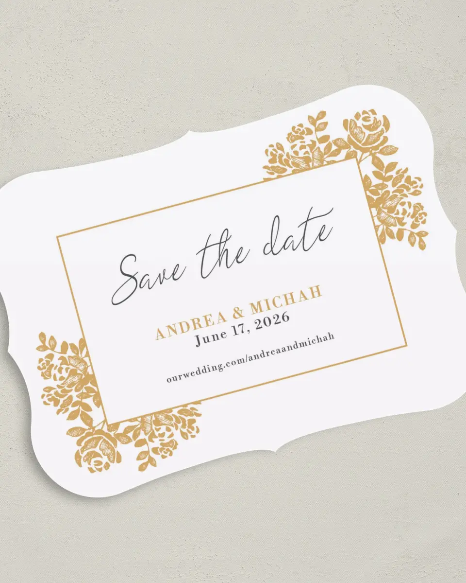 This is a 5" x 7" Save the Date Card called Etched Elegance printed in full color on Premium Smooth paper