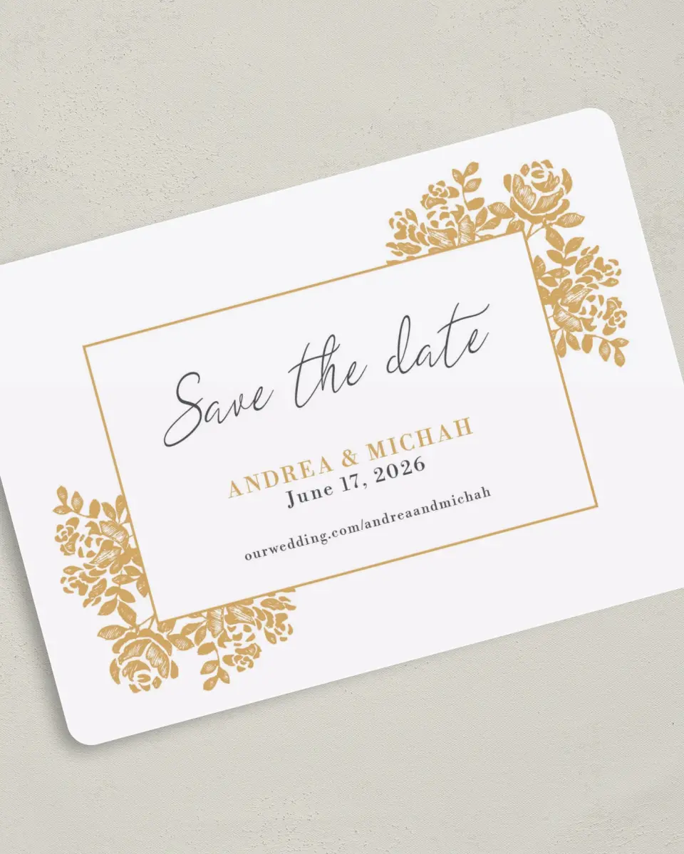This is a 5" x 7" Save the Date Card called Etched Elegance printed in full color on Premium Smooth paper