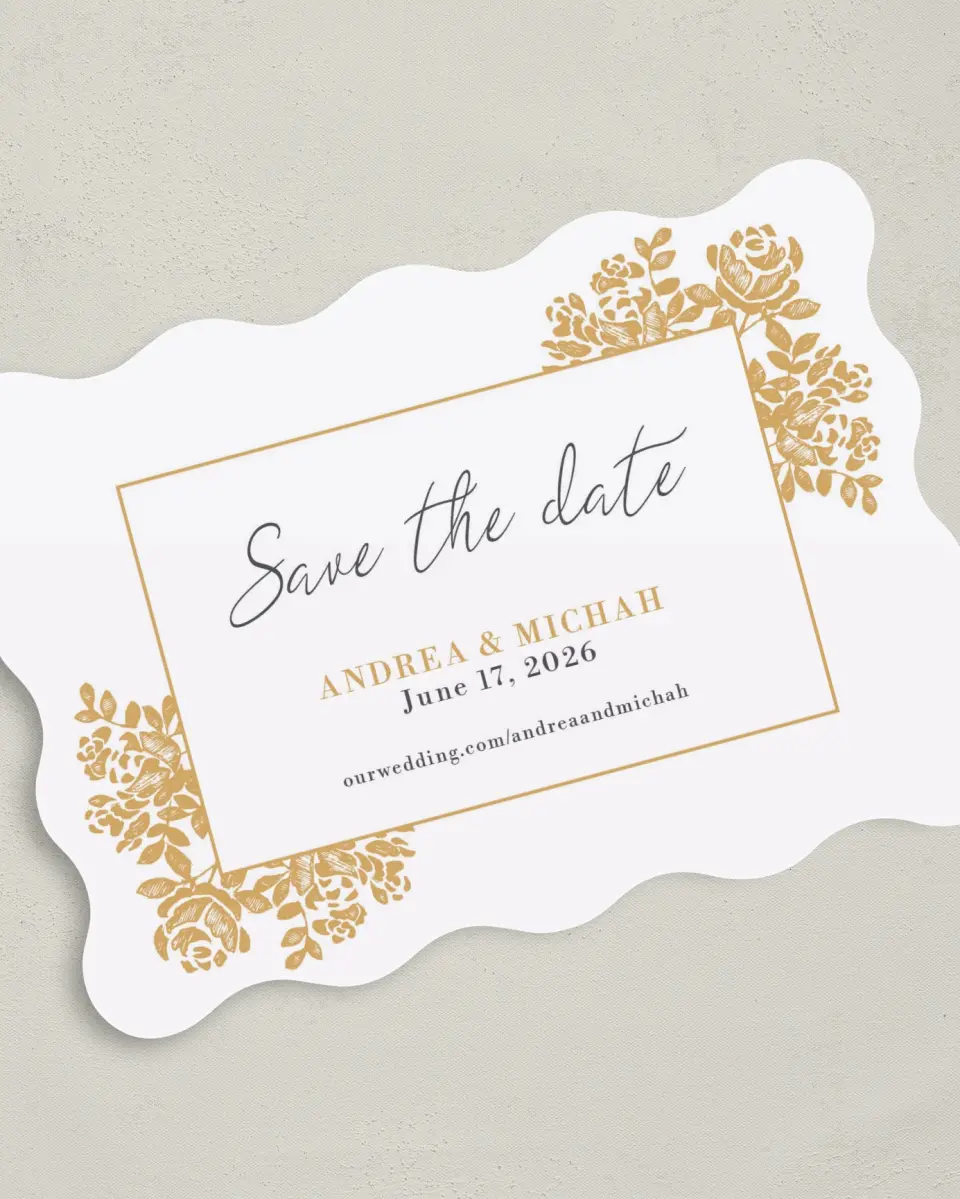 This is a 5" x 7" Save the Date Card called Etched Elegance printed in full color on Premium Smooth paper