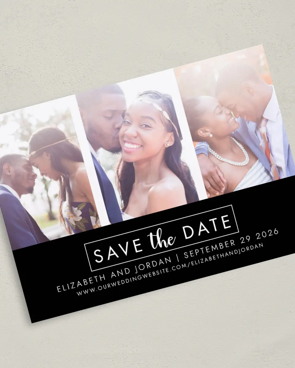 This is a 5" x 7" Save the Date Card called Shiny Joy printed in full color on Premium Smooth paper
