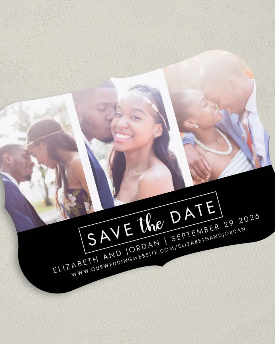 This is a 5" x 7" Save the Date Card called Shiny Joy printed in full color on Premium Smooth paper