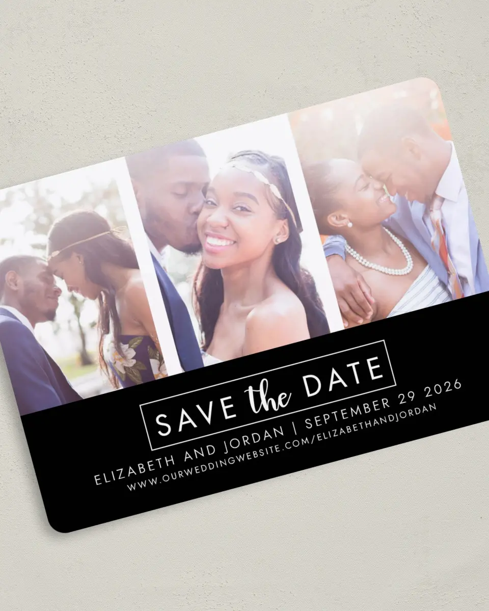 This is a 5" x 7" Save the Date Card called Shiny Joy printed in full color with Rose Gold foil on Luxe Satin (coated) paper