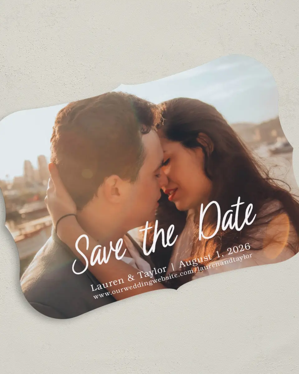 This is a 5" x 7" Save the Date Card called Close to You printed in full color on Premium Smooth paper