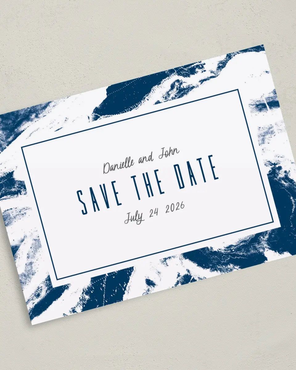 This is a 5" x 7" Save the Date Card called Love in Motion printed in full color on Premium Smooth paper