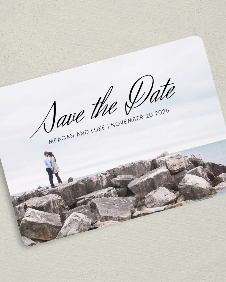 This is a 5" x 7" Save the Date Card called Tranquility printed in full color on Premium Smooth paper