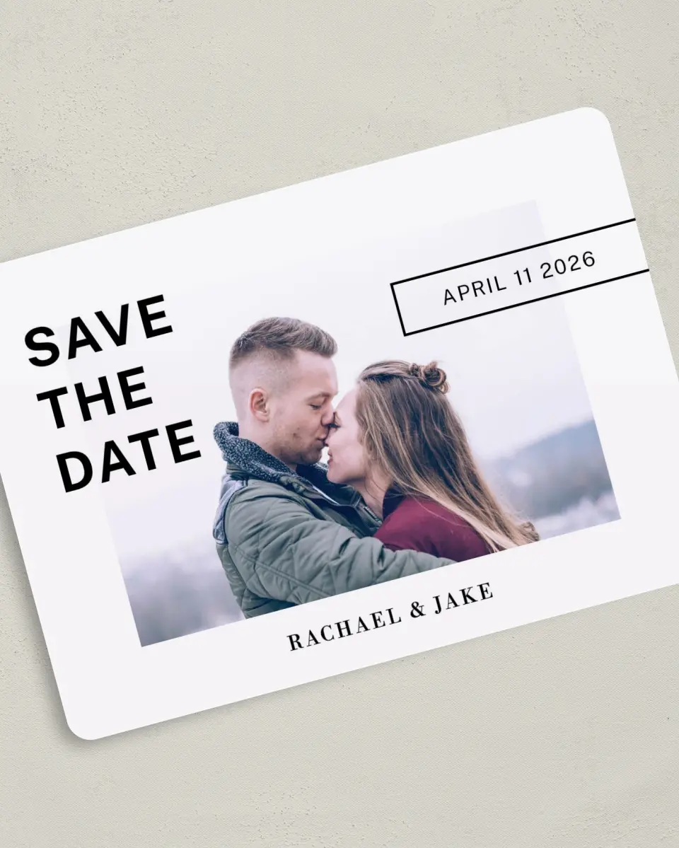 This is a 5" x 7" Save the Date Card called You.Me.Forever. printed in full color with Rose Gold foil on Luxe Satin (coated) paper