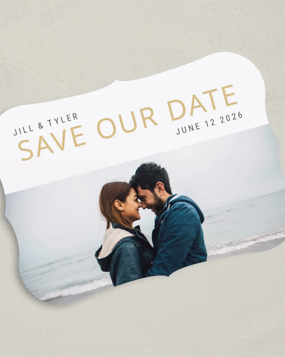 This is a 5" x 7" Save the Date Card called You're the Reason printed in full color on Premium Smooth paper