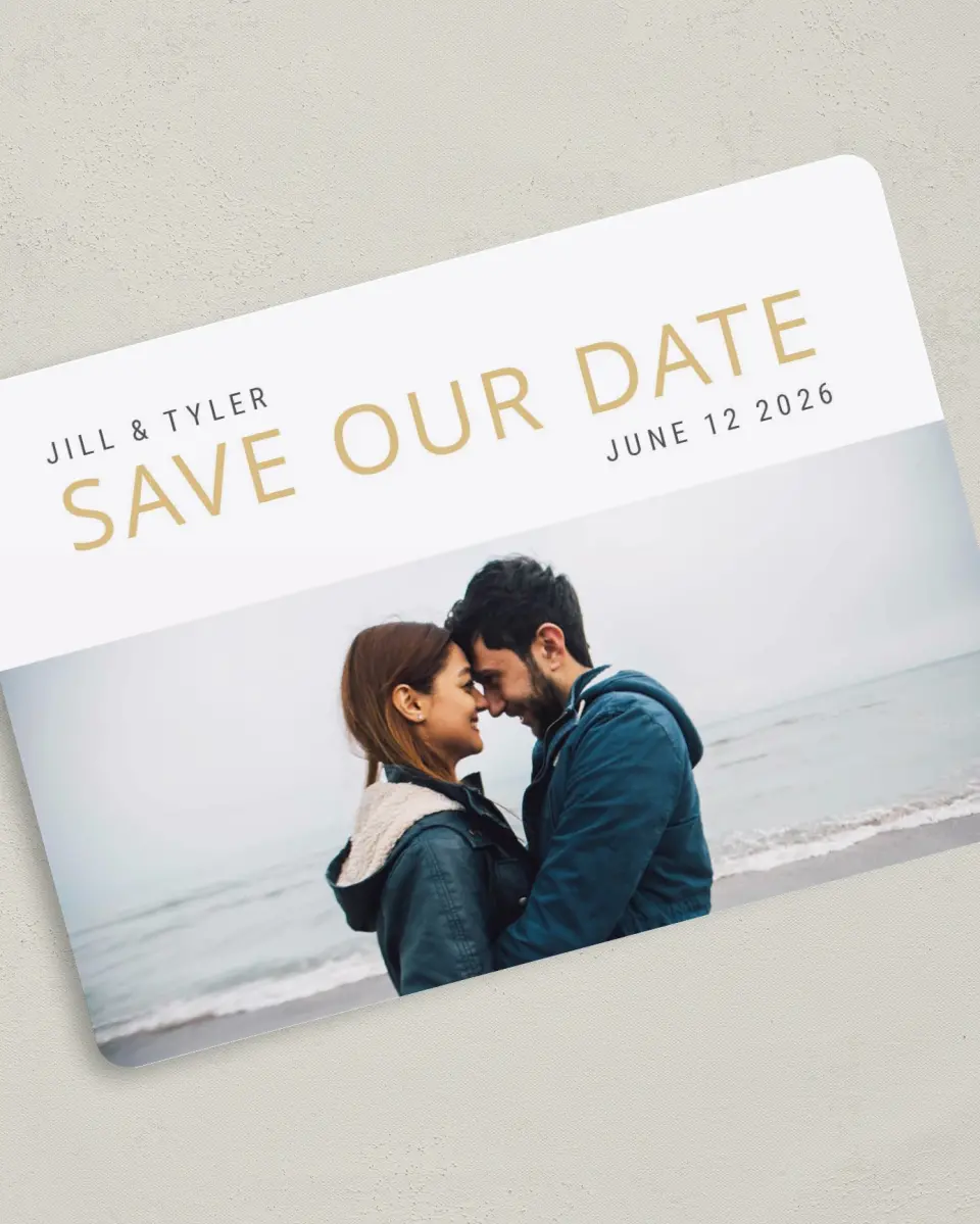 This is a 5" x 7" Save the Date Card called You're the Reason printed in full color on Premium Smooth paper