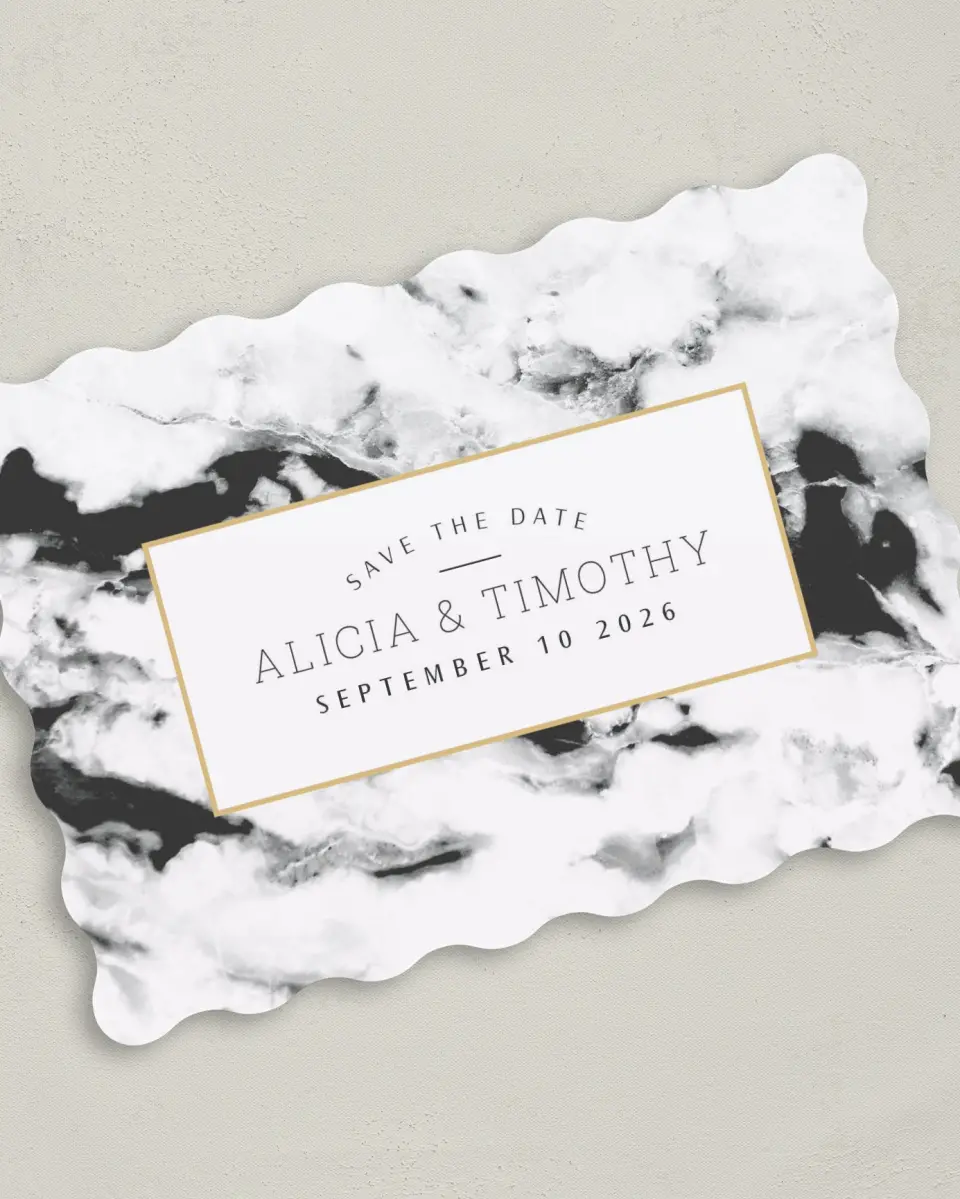 This is a 5" x 7" Save the Date Card called Love is Joy printed in full color on Premium Smooth paper