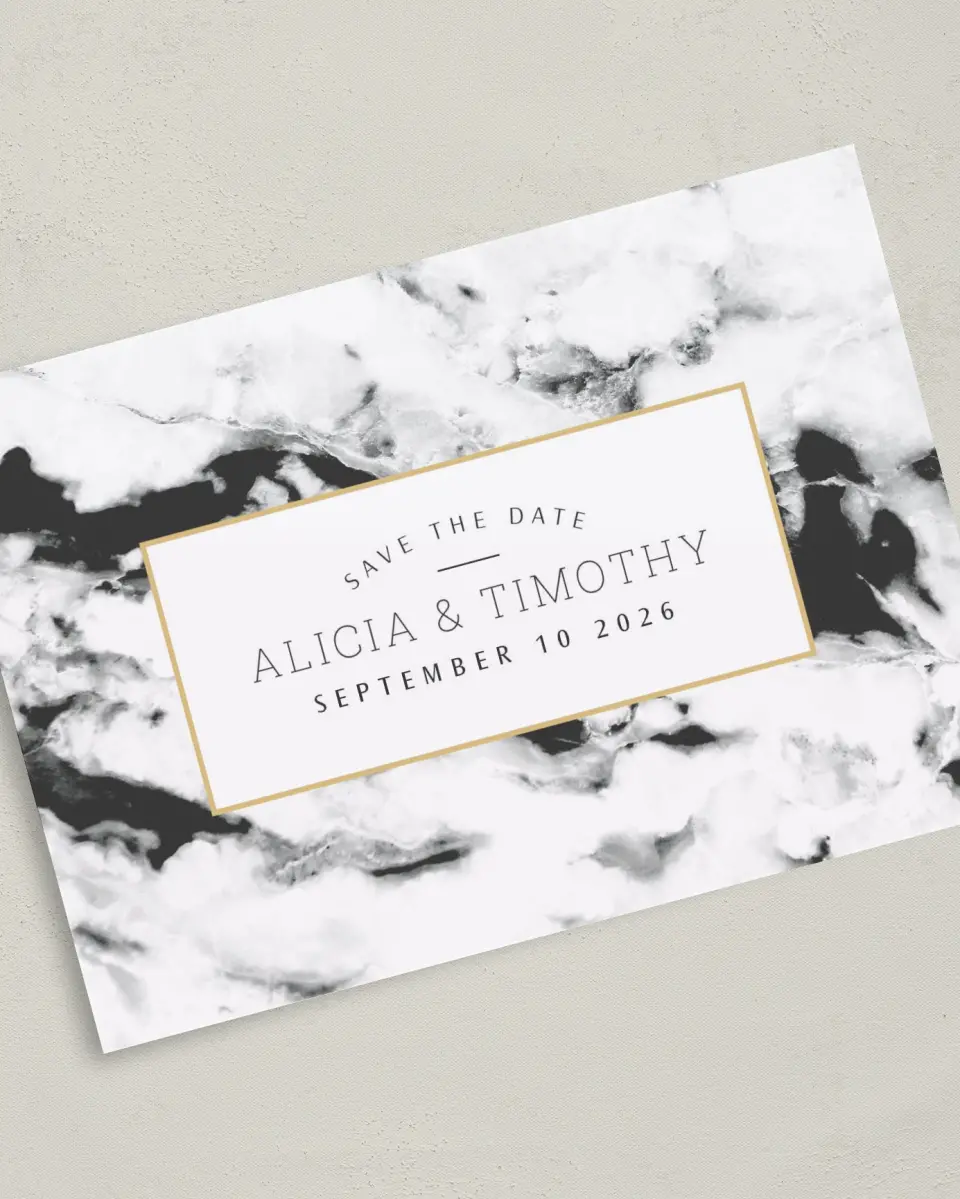 This is a 5" x 7" Save the Date Card called Love is Joy printed in full color on Premium Smooth paper
